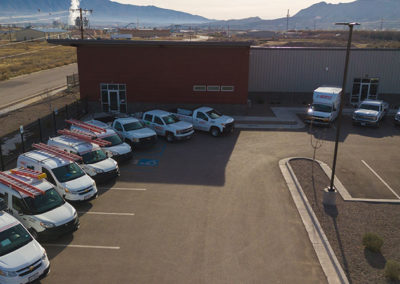 overhead view of office in front of mountains